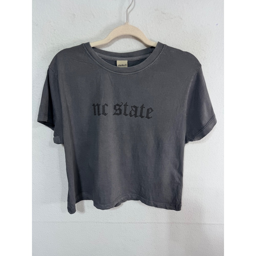 The Montauk Tee NC State Rhinestone Women's Large Crop Gray T-Shirt Wolfpack New